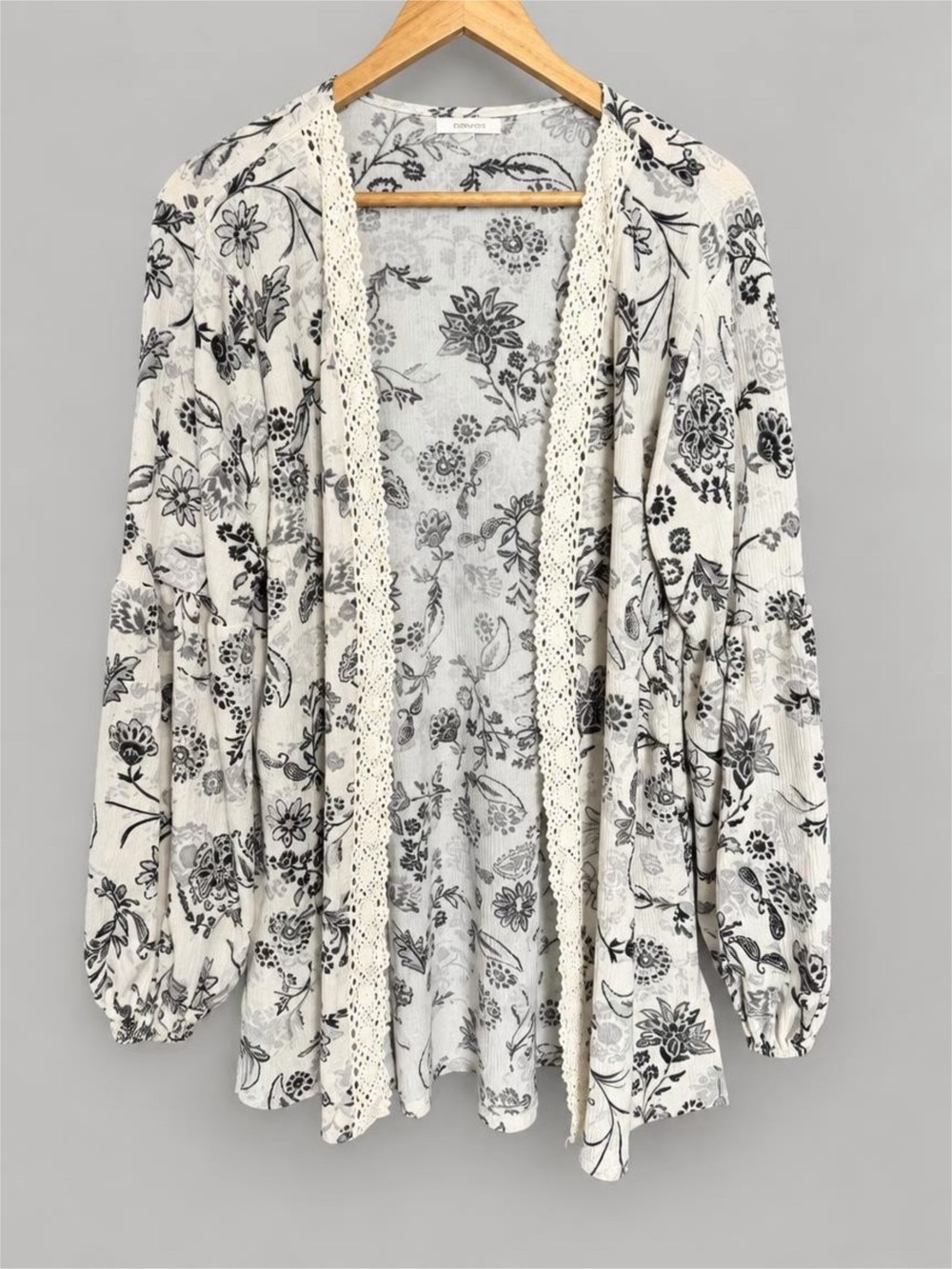 Maurices Cream and Black Floral Open-Front Cardigan with Crochet Trim